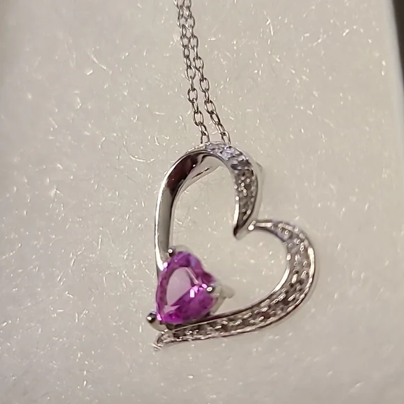 STERLING SILVER GENUINE DIAMOND LAB CREATED PINK SAPPHIRE PENDANT 18" - Picture 6 of 8